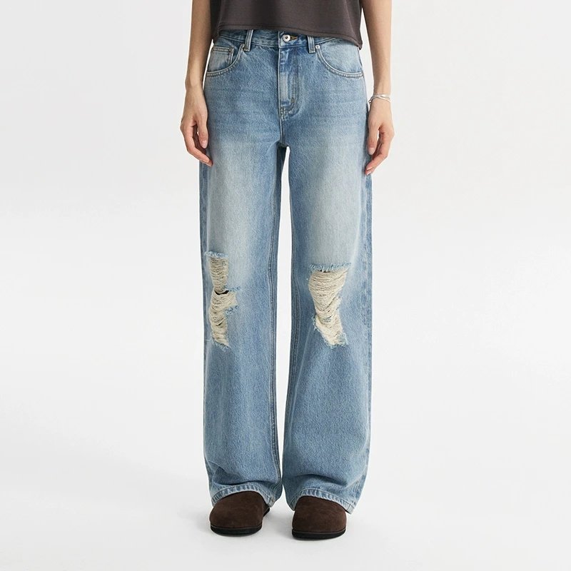 【CONCISE-WHITE】百搭时尚水破洞直筒休闲长款牛仔裤25春夏新款