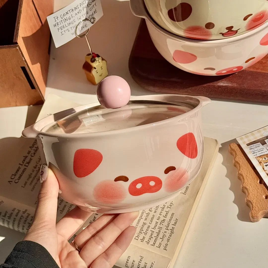 高颜值可爱泡面碗带盖宿舍学生陶瓷方便面双耳家用可爱陶瓷双耳饭