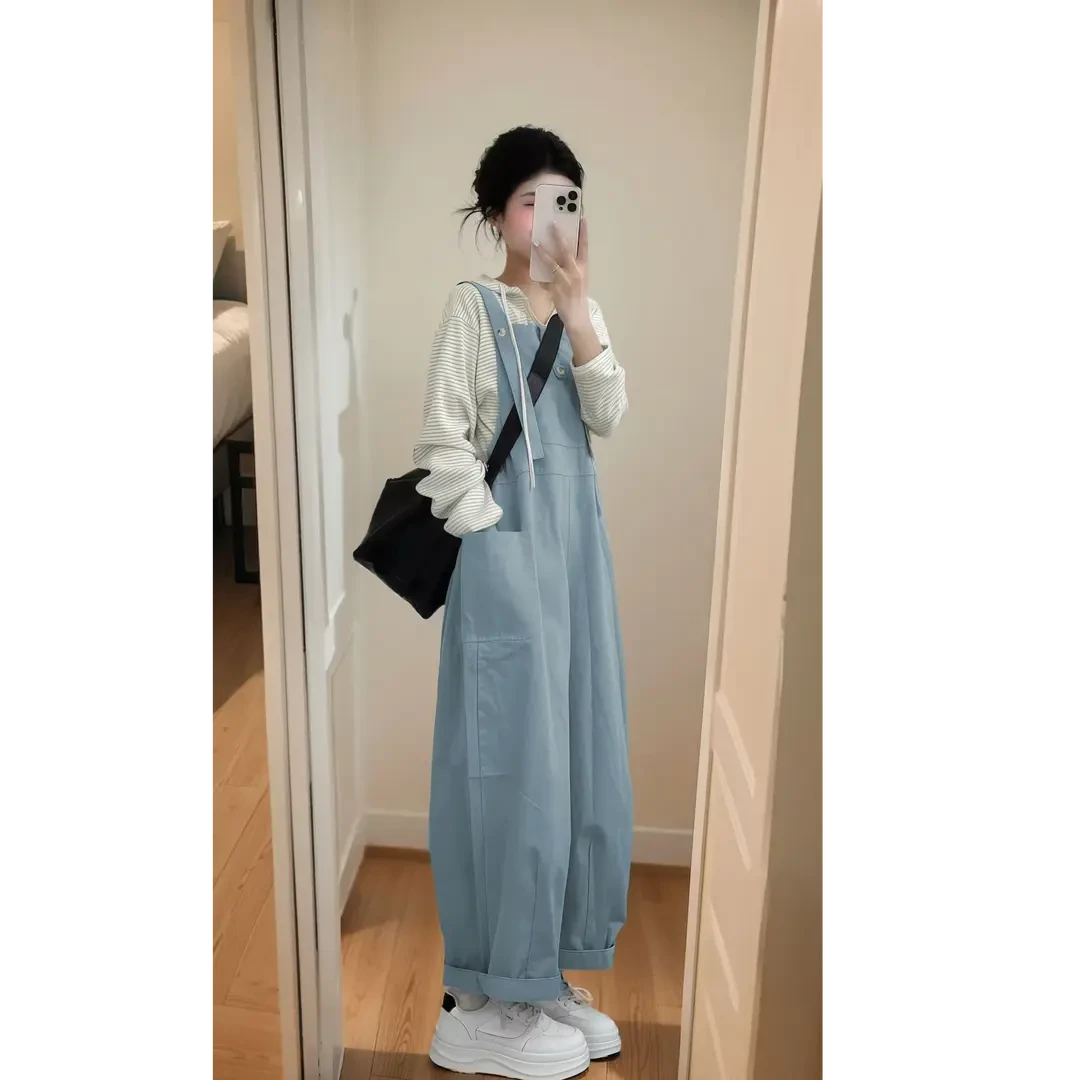 慵懒风休闲时尚套装女条纹连帽上衣背带裤两件套2025春季新款女装