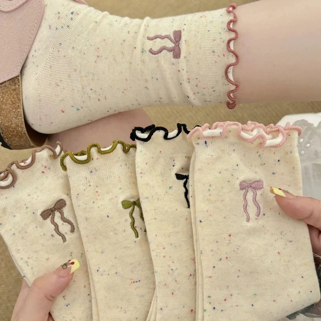 可爱木耳边蝴蝶结堆堆袜春秋花边袜子女韩版ins潮中筒袜秋季薄款