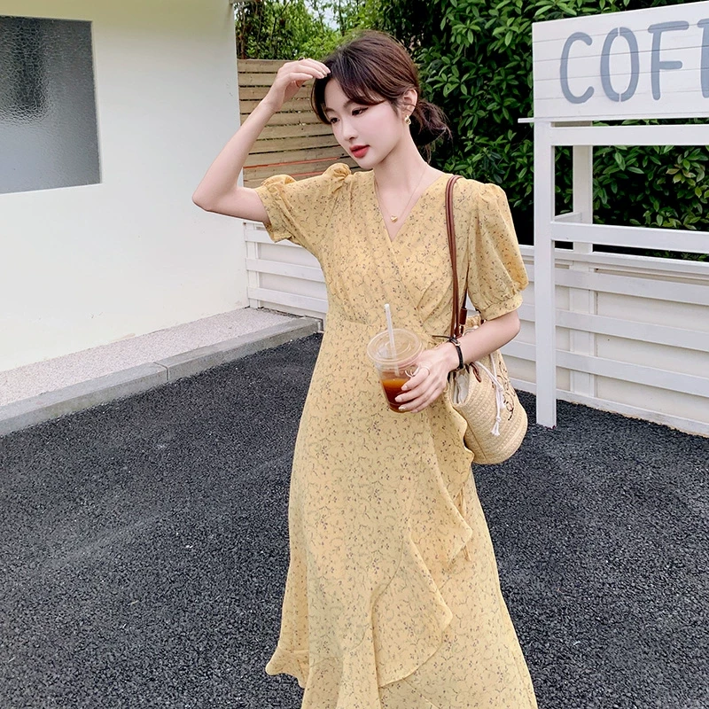 黄色碎花新款连衣裙夏季其他材质SMLXL