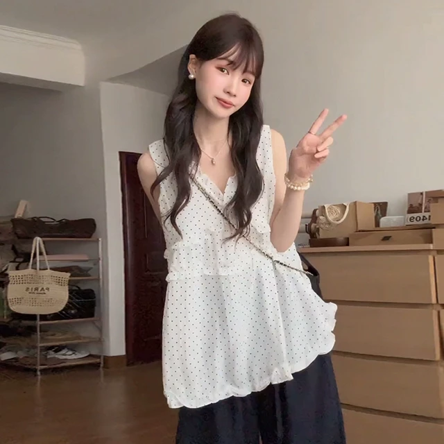 大码胖mm法式V领无袖木耳边拼接波点衬衫女装夏装高级总裁女装202