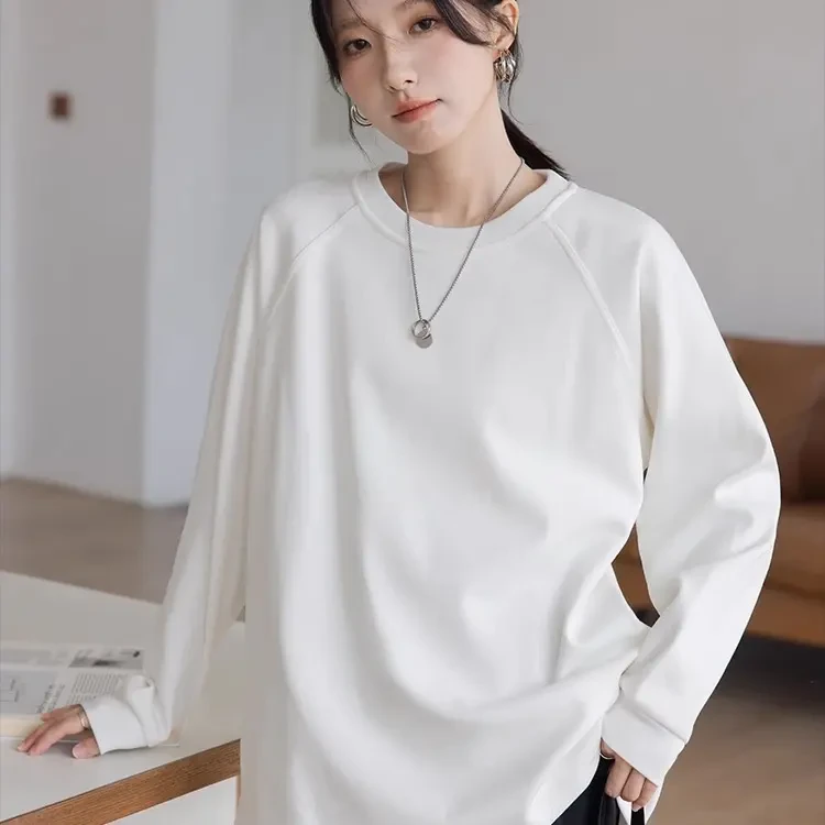 宽松型中长款长袖常规抗起球T恤百搭纯色白色韩版
