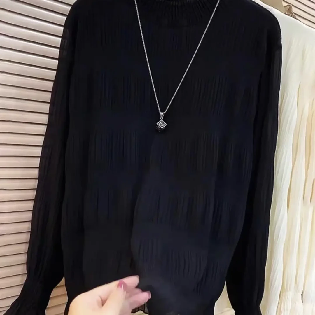 大码女装半高领蕾丝雪纺打底衫女胖MM春秋减龄内搭上衣