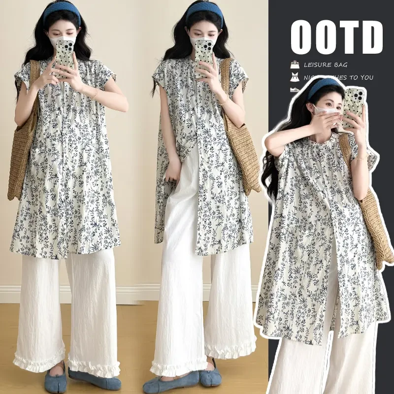 潮流时尚孕妇装女夏季新款爆款洋气宽松高级感衬衫休闲花边阔腿裤