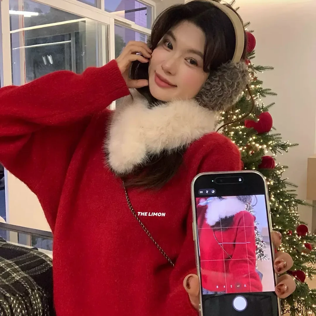 韩系甜美慵懒风冬季加厚配毛领针织毛衣女宽松百搭上衣