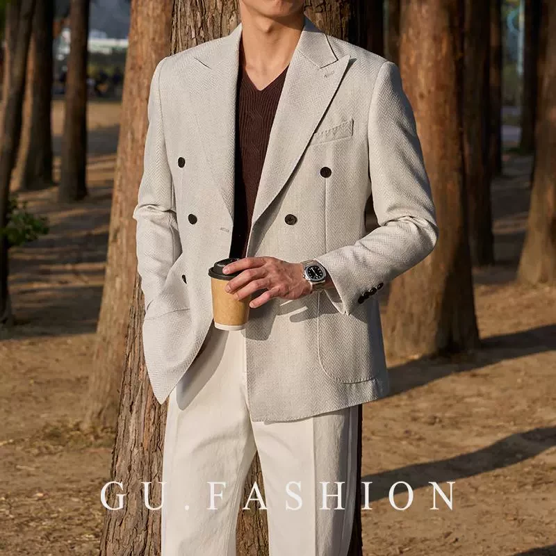 GU FASHION英伦复古人字纹小资休闲西装外套绅士优雅时尚通勤西服