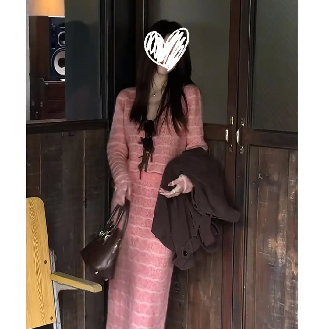 【琥珀流光】撞色绑带开衫+半身裙长裙两件套减龄慵懒穿搭两件套女