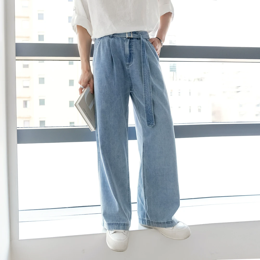 CHICERRO西西里男装时尚冰丝腰带拖地牛仔裤宽松阔腿裤休闲百搭潮