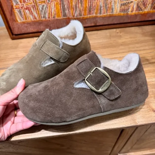 小牛皮羊毛勃肯鞋保暖女棉鞋包跟厚底一脚蹬雪地靴底子3cm