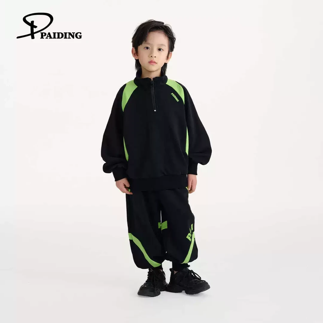 派町春秋装儿童韩版中大童拼接半拉链领口机车风套装WP1435-wpp