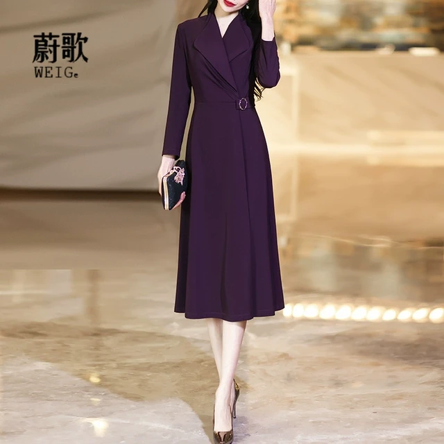 紫色西装连衣裙女2025春秋端庄大气正式场合通勤修身显瘦中长裙子