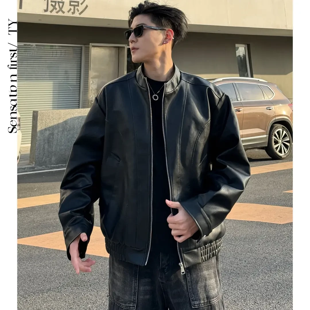 田野L美式简约结构做旧短款高质感休闲皮夹克外套