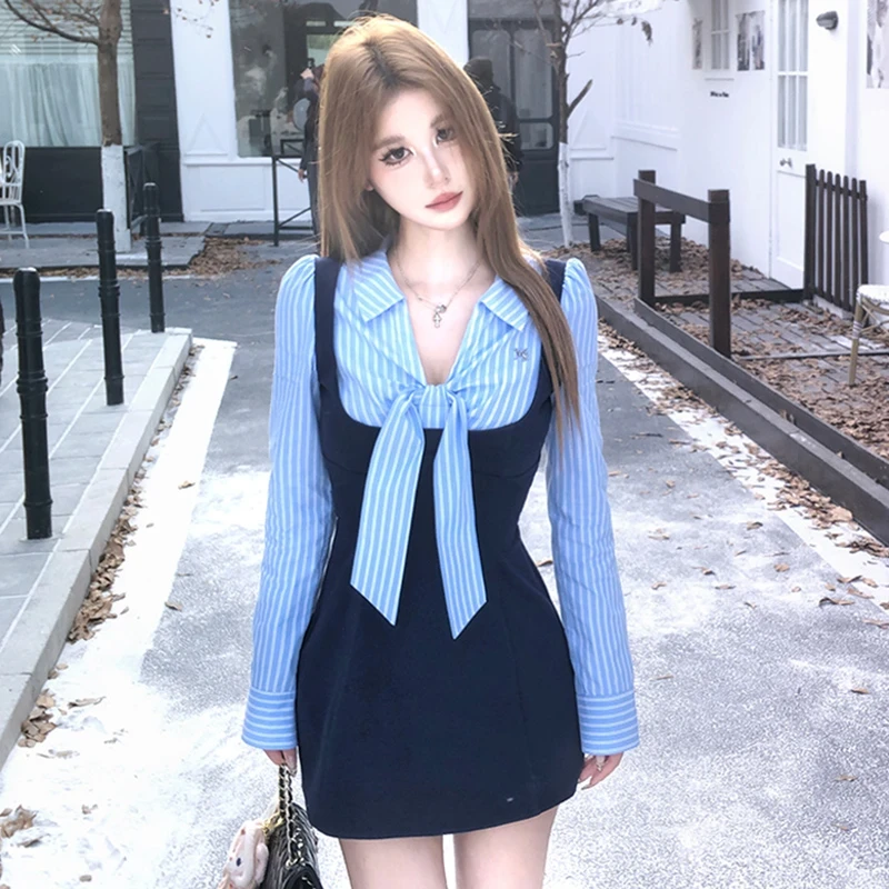 条纹拼接连衣裙女2025春季蓝色长袖气质衬衫裙D0287