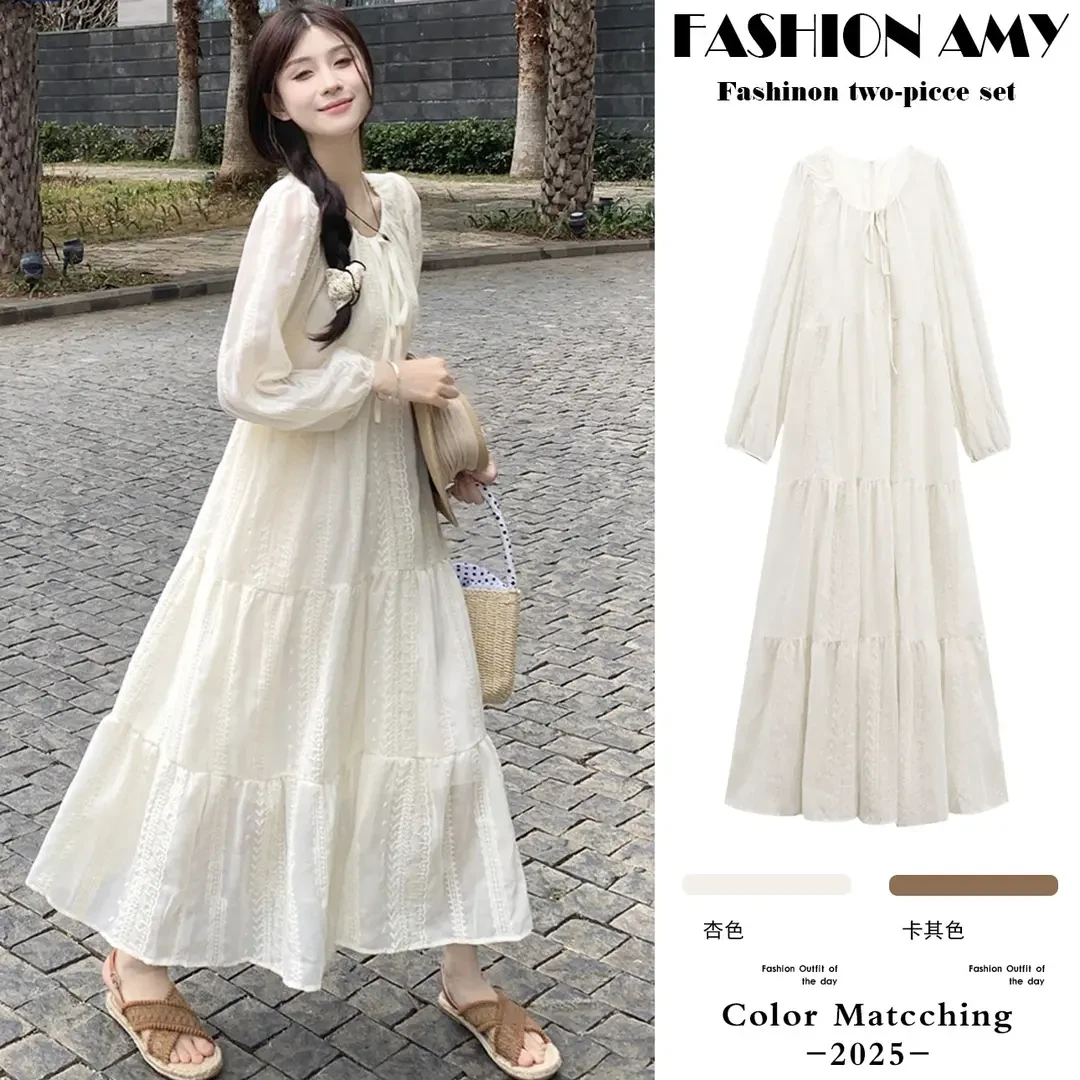 孕妇连衣裙春装新款时尚法式气质温柔风刺绣蕾丝长袖系带显瘦裙子