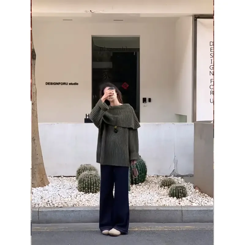 韩系慵懒风灰色一字肩毛衣露肩针织衫上衣微喇牛仔裤宽松显瘦裤子