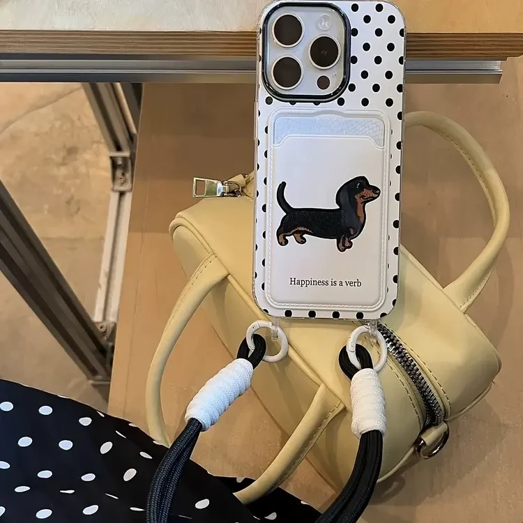韩风黑色波点腊肠狗苹果卡包带挂绳适用苹果/华为/oppo/vivo小米