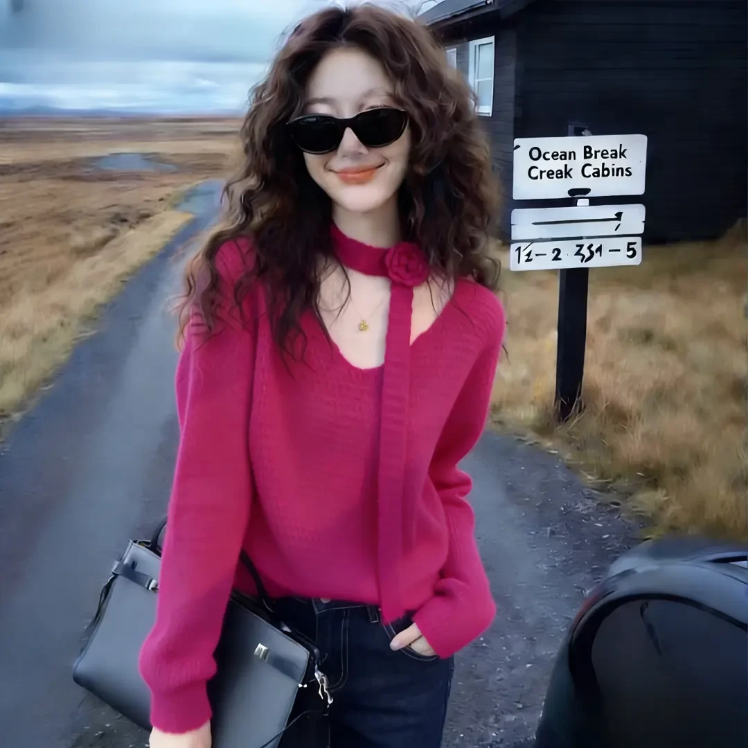 玫红色立体钩花围脖V领毛衣女装2026春季新款绝美巨好看的针织衫