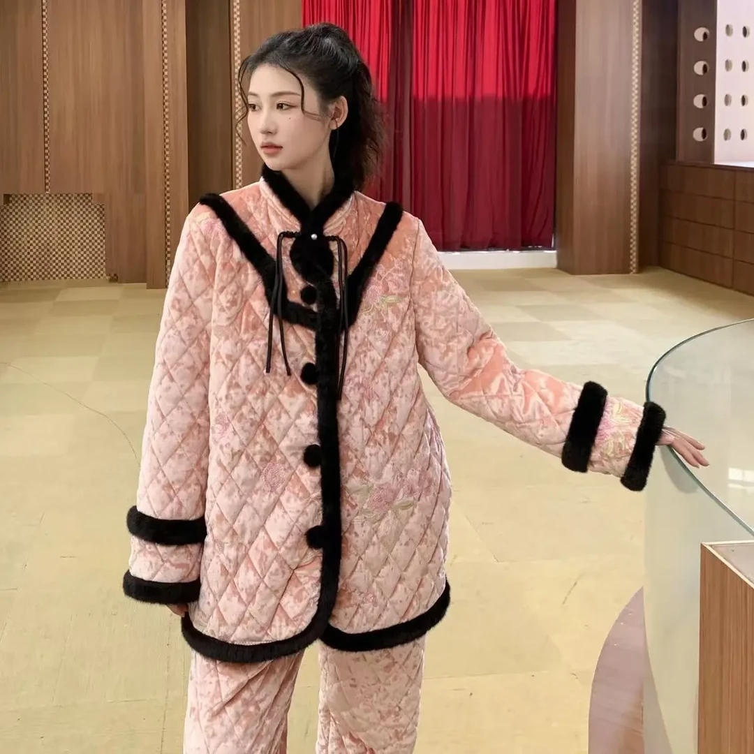 原木锦绣前程秋冬新中式撞色刺绣加棉加厚可外穿睡衣家居服