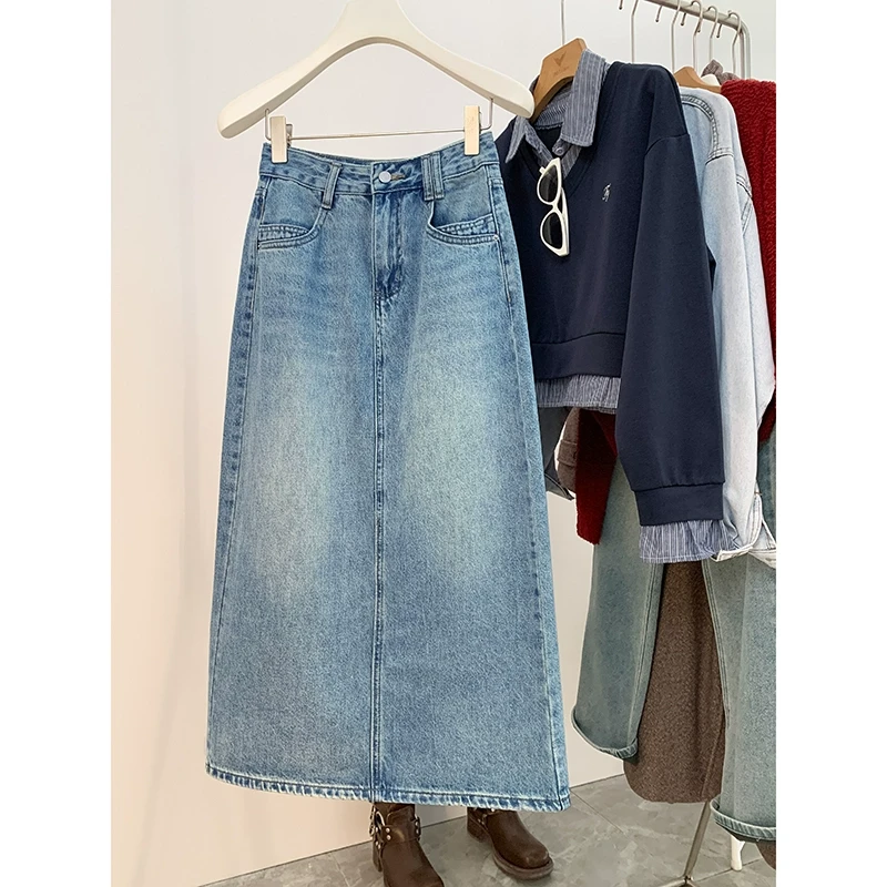 蓝色复古开叉牛仔半身裙女2025秋季新款高腰显瘦a字中长款裙子