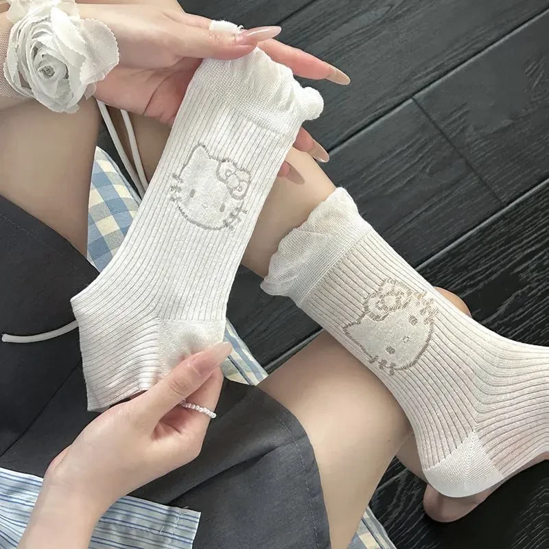 薄款日系凯蒂猫袜子女中筒无骨堆堆袜可爱Kitty猫蕾丝花边中筒s