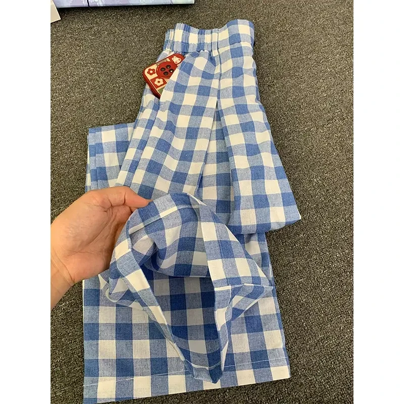 蓝色格子裤子男女夏季慵懒风松弛感宽松显瘦垂感高腰休闲阔腿裤潮
