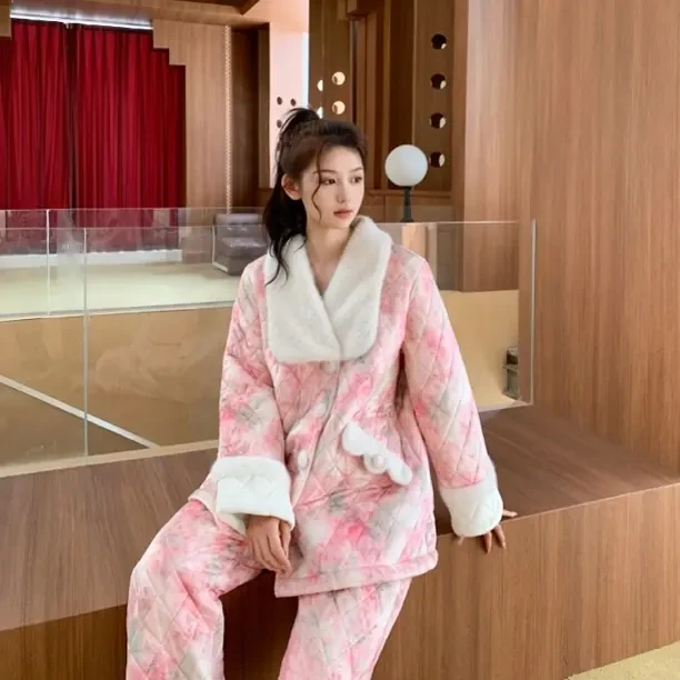 原艾慕优映雪相悦加厚夹棉女士冬季高贵优雅保暖睡衣家居服