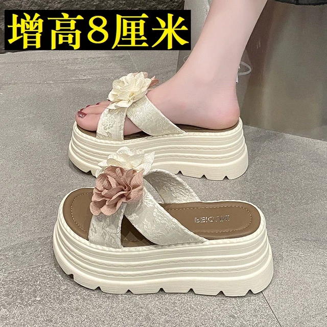 仙女风8cm厚底花朵拖鞋女外穿2025夏季新款小个子增高松糕凉拖鞋