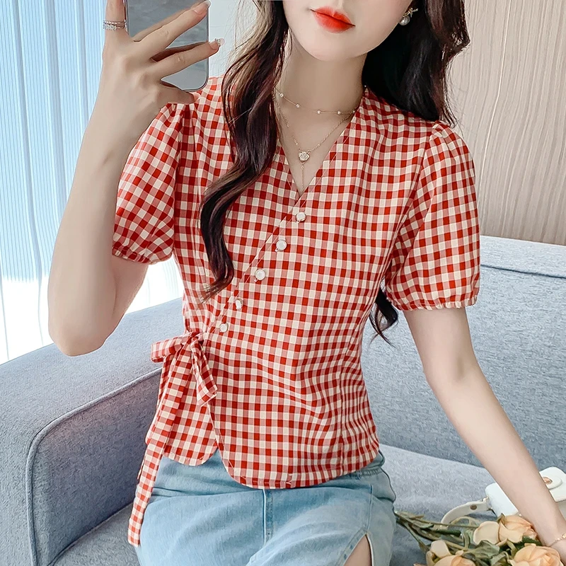 2025洋气法式短款夏季显瘦短袖小个子衬衫女通用韩版绑带格子上衣