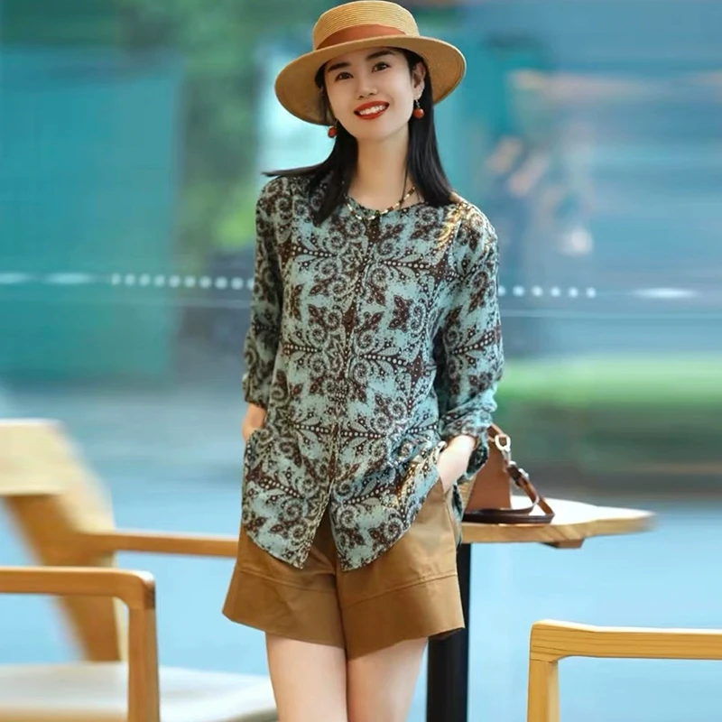 高级感大码宽松时尚套装衬衫夏季新款气质百搭休闲印花小衫上衣女