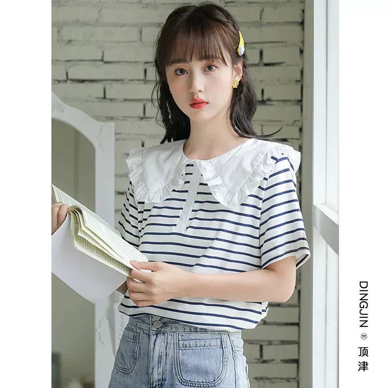 小清新条纹短袖T恤女夏2025新款设计感小众复古港味宽松学生上衣
