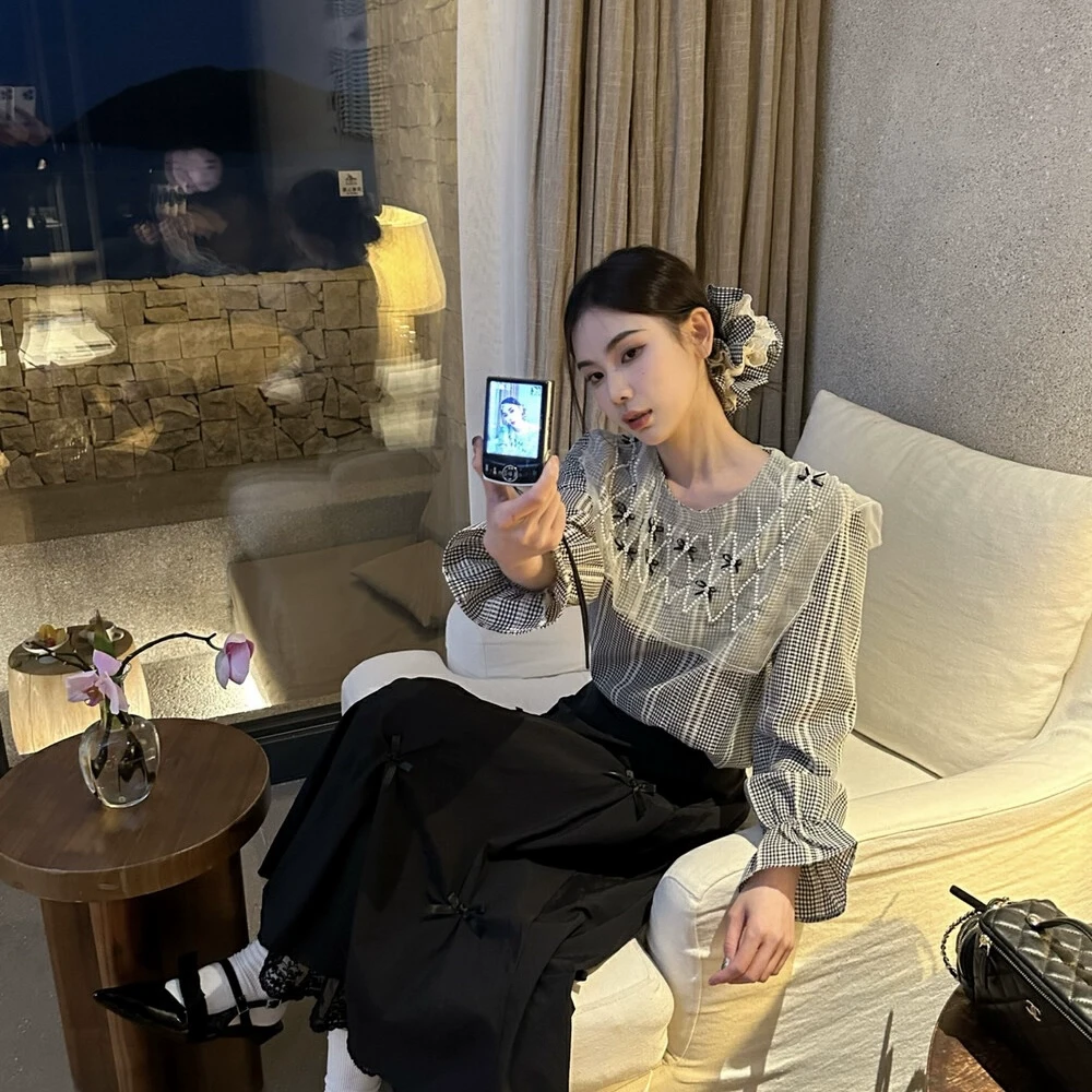 Cute Club 2025春季新款甜美拼接蝴蝶结格子衬衫宽松休闲百搭小衫