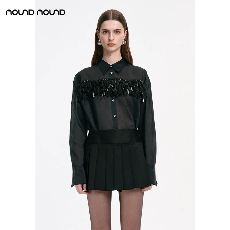 【HAI STUDIO】noundnound黑色手工羽毛流苏亮片衬衫24早秋新款