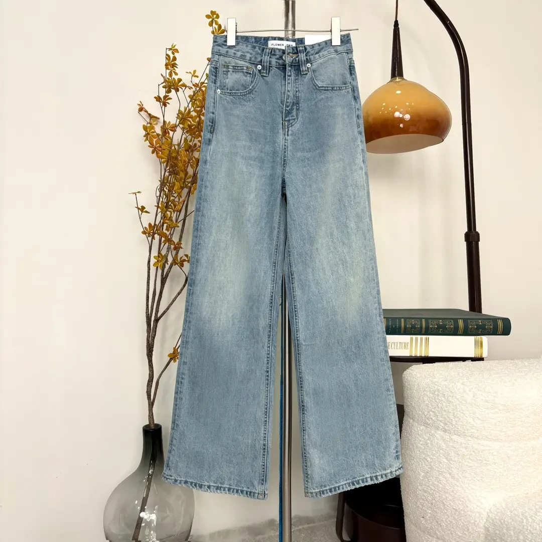 【733】花503珠珠~断货王浅蓝色无弹喇叭牛仔长裤~
