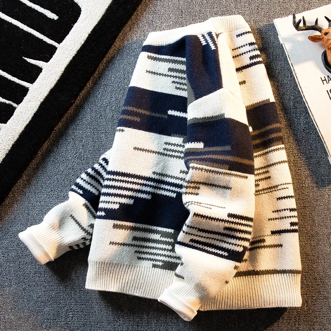 仓石一树不对称条纹撞色毛衣男冬季加厚高级感痞帅圆领针织衫上衣