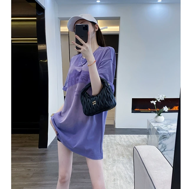 紫色短袖女t恤宽松夏季2025新款爆款中长款遮屁股设计感小众潮牌