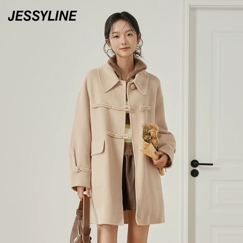 jessyline冬装新款大衣 杰茜莱时尚设计感中长款毛呢外套