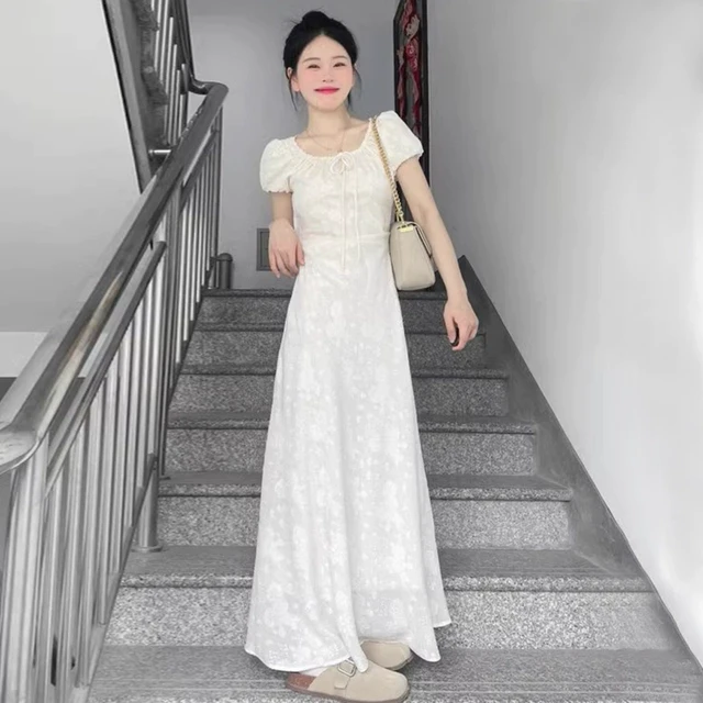 茶歇法式白色连衣裙子女装夏季2025新款温柔风小个子收腰气质长裙