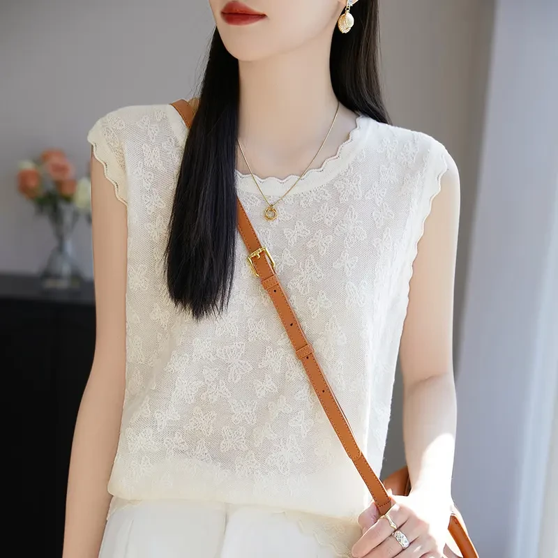 小香风圆领花边洋气吊顶背心蝴蝶镂空无袖T恤上衣内搭打底衫
