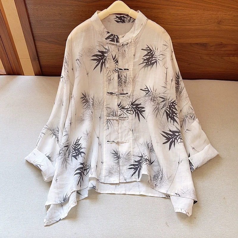 51222新中式水墨印花盘扣衬衫新款夏季女装文艺复古长袖衬衣上衣