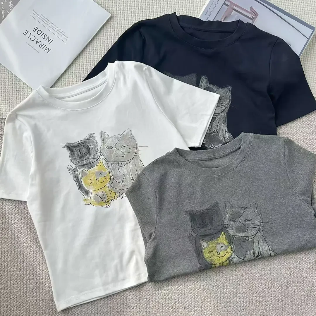 ［家淇定制］新款韩版百搭修身时尚女卡通猫咪圆领打底短袖T恤 6366