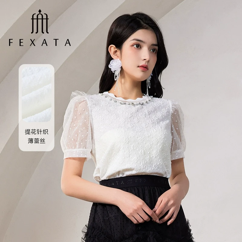 FEXATA斐格思2025夏季新品法式浪漫泡泡袖提花小衫白色蕾丝衫上衣