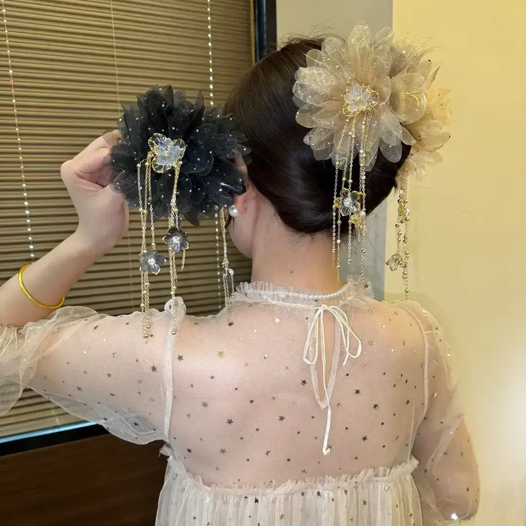 水钻发饰2025春夏新“金枝玉叶”流苏抓夹气质百搭显发量鲨鱼夹044T