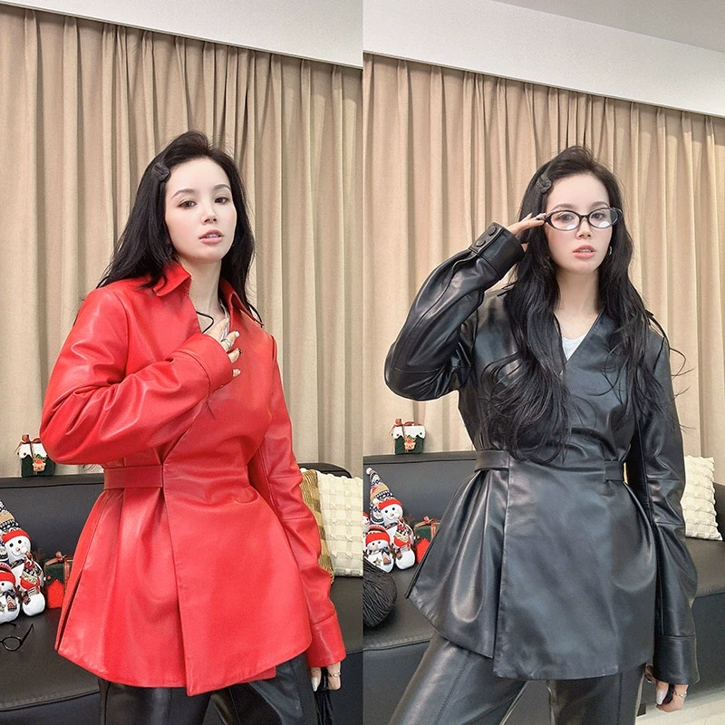 2025秋新款真皮皮衣女翻领衬衫褶皱收腰系带中长款绵羊皮显瘦外套