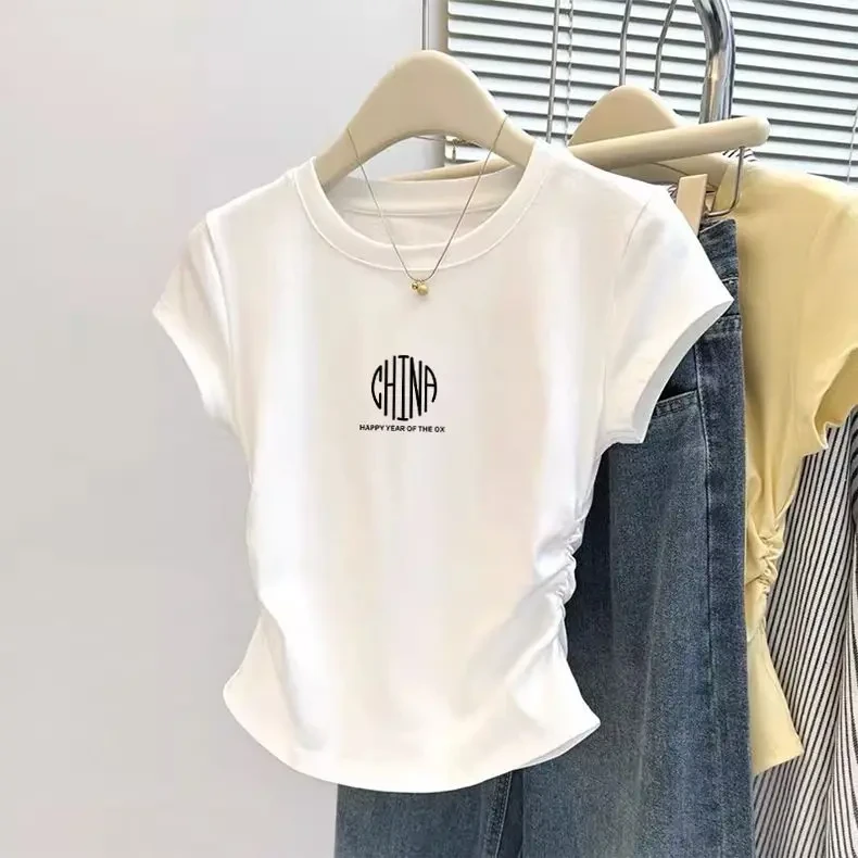 日常外穿侧边收腰圆领短袖t恤女小众设计感显瘦时尚白色上衣夏季