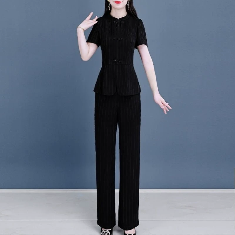 新中式国风排扣条纹上衣微喇叭裤套装女春夏季小个子妈妈气质减龄