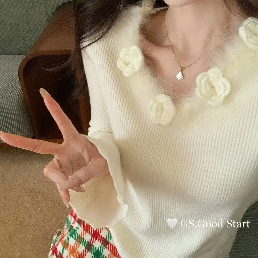 立体花朵毛毛领韩系慵懒风秋冬百搭针织衫女款