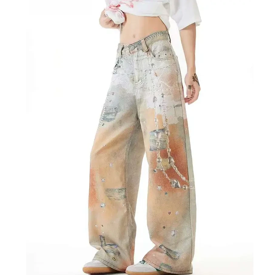 美式复古蕾丝链条印花宽松牛仔裤男女设计感宽松直筒阔腿拖地裤子