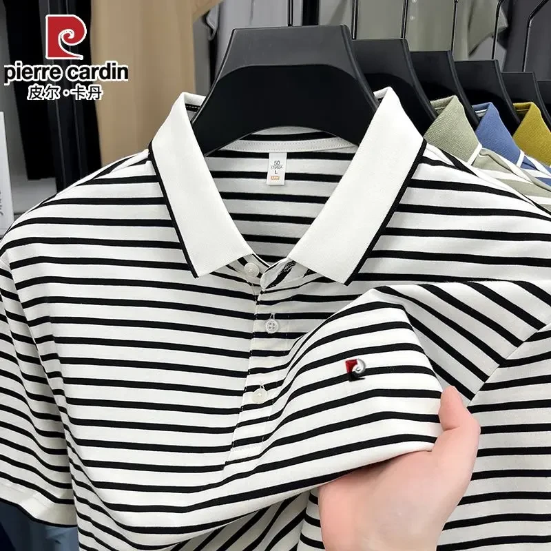 皮尔卡丹含桑蚕丝男装短袖T恤高档商务休闲翻领条纹POLO衫爸爸装.