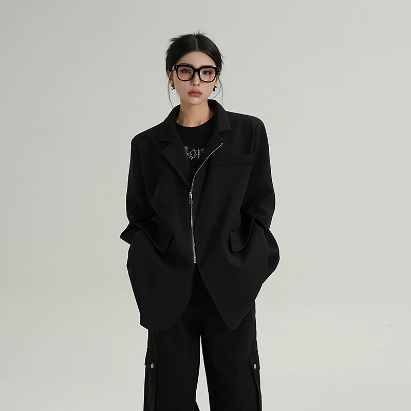 SRYS AME设计感小众拉链休闲中长款长袖翻领西装外套春季新款女装